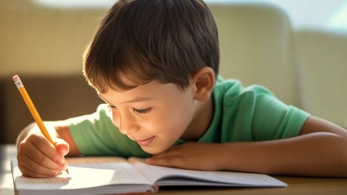 Niño de 6 años practicando ejercicios de ortografía en cuaderno Maspe para 1º de Primaria